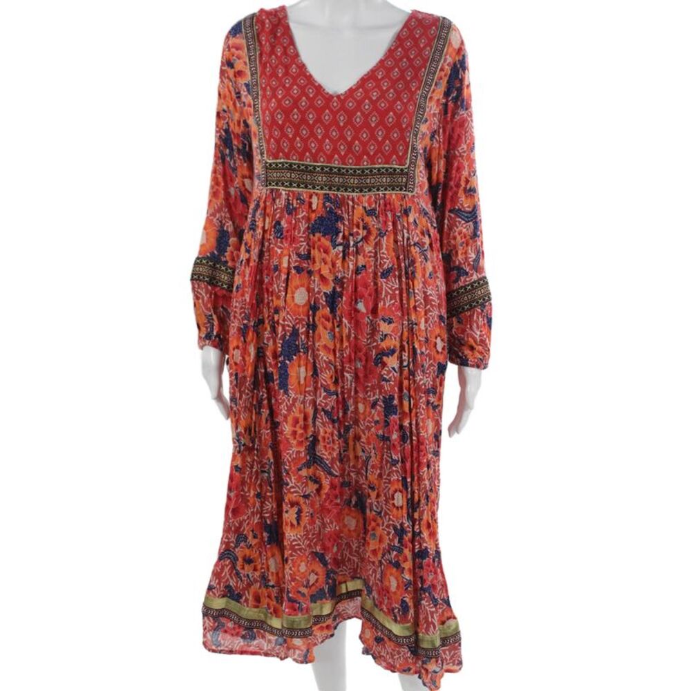 RD + Koko Womens Fit & Flare Red Floral V-Neck Long Sleeve Midi Dress Size S